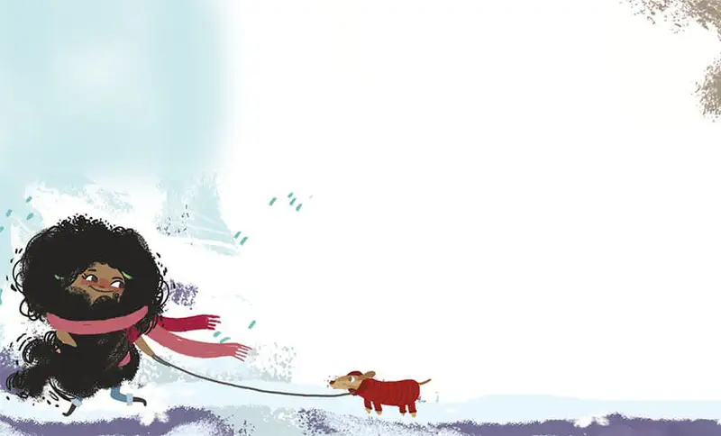 Girl with pink scarf walking dog in red sweater through snowy winter landscape.