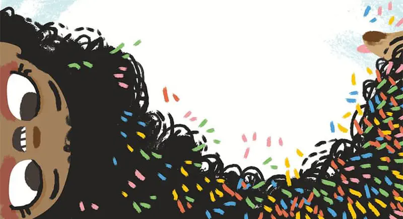 Girl smiling as her curly hair merges with dog's fur, both decorated with colorful confetti.