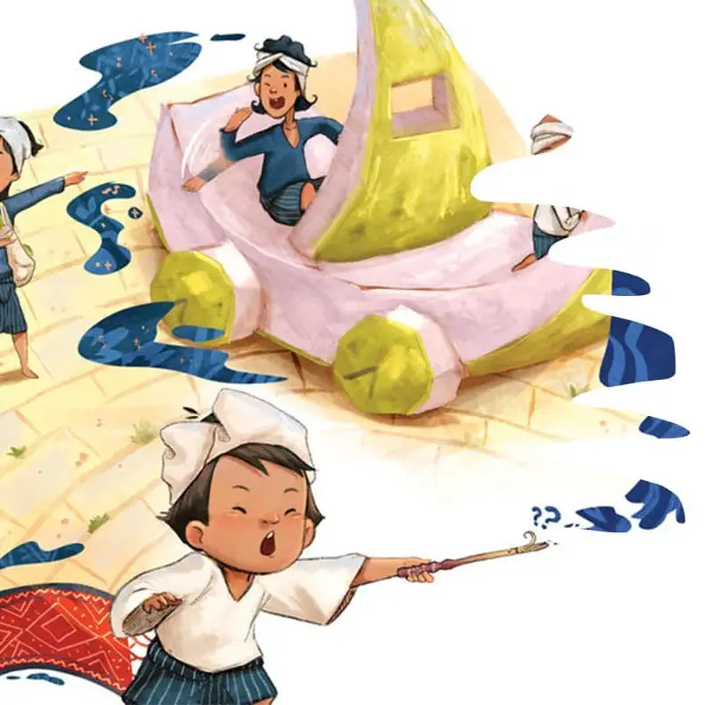 Boy waving magic wand creating blue magic while woman rides in pink pumpkin carriage in village.