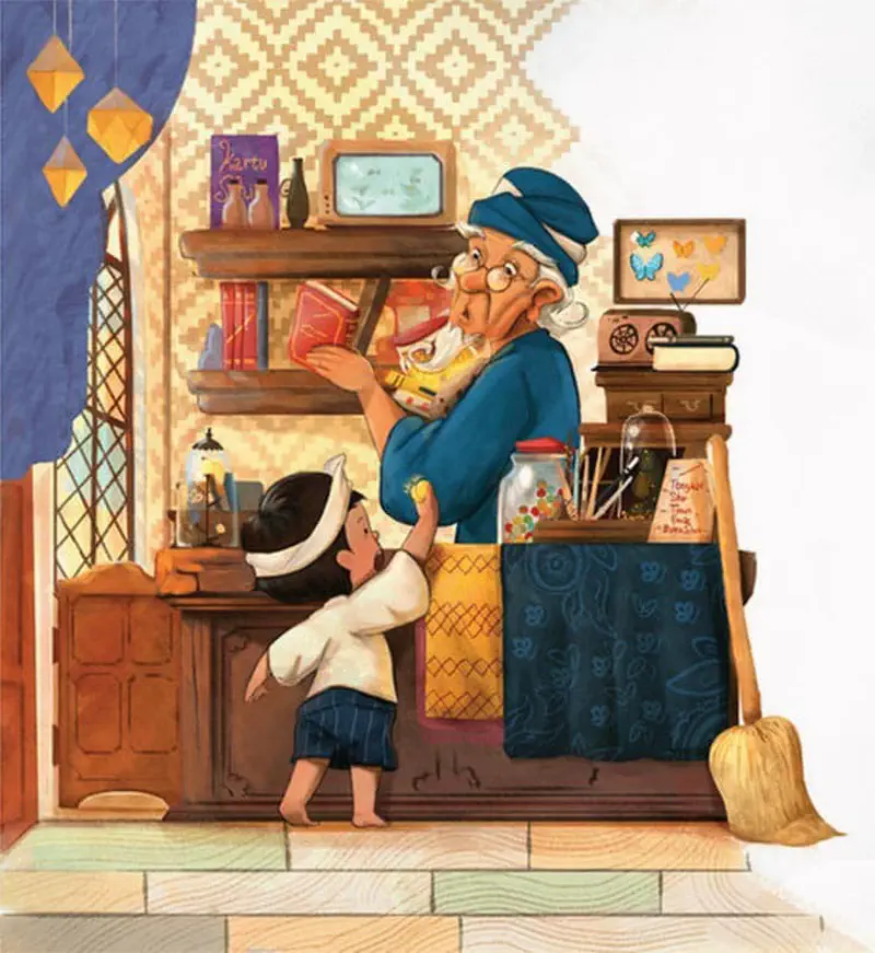 Grandmother showing book to boy reaching up in cozy room with shelves, candy jar, and decorations.