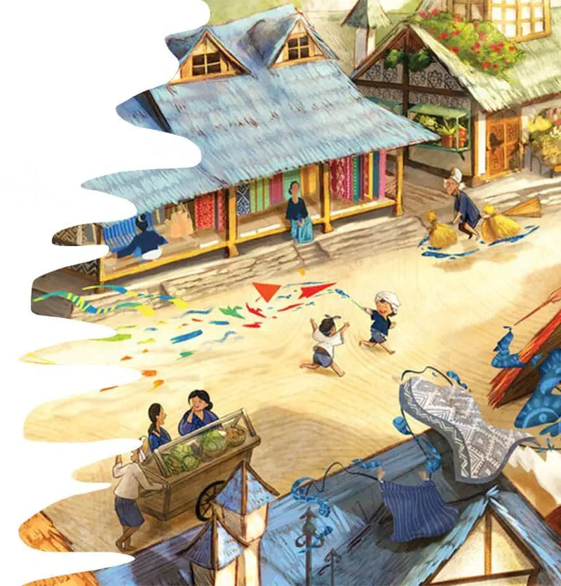 Bird's eye view of village with boy chasing colorful fish created by magic wand near market.