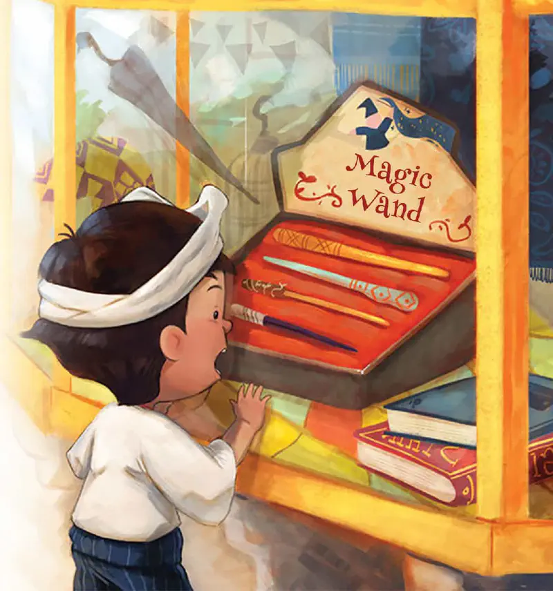 Boy looking excitedly at magic wand display case with four colorful wands in shop window.