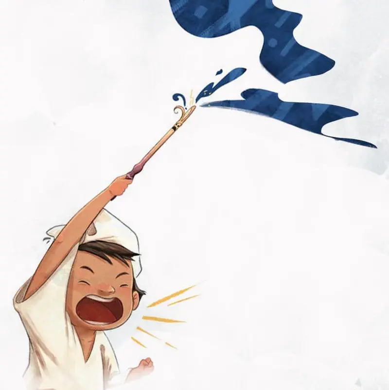 Boy shouting excitedly while raising magic wand shooting blue magic into sky.