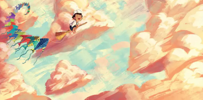 Joyful boy flying on broomstick through pink and orange clouds with colorful kites trailing behind.