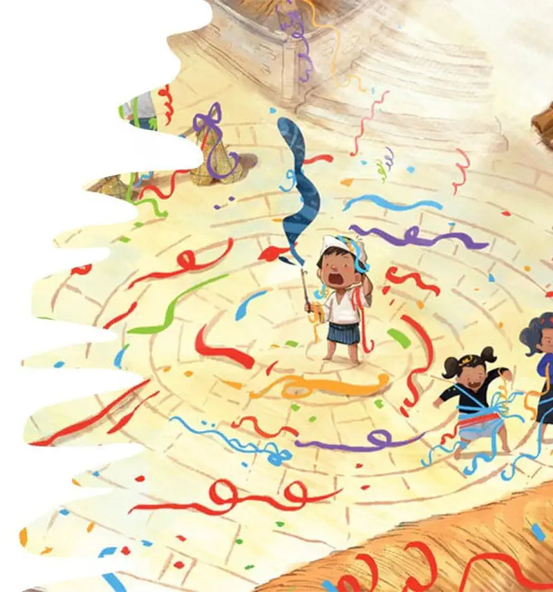 Surprised boy holding magic wand in town square covered with colorful ribbons and confetti while children run.