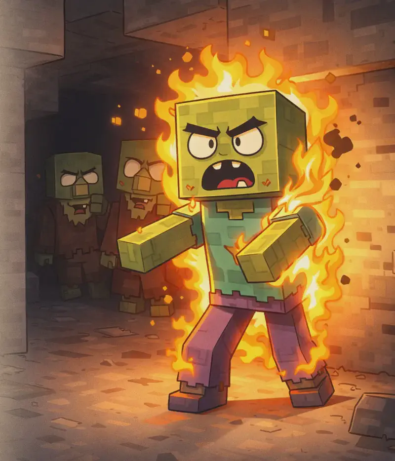 On the right side of the image, a Zombie stands engulfed in bright orange flames at the mouth of a stone cave, burning as sunlight hits it from the right. Behind the burning Zombie, deeper in the dark cave, two zombie villagers stand close together in the shadows — their skin now fully green with hollow white eyes, still wearing tattered brown villager robes with their oversized noses visible. One of them stares toward the fire with empty, hollow eyes, while the other hangs back, neither daring to step into the light.