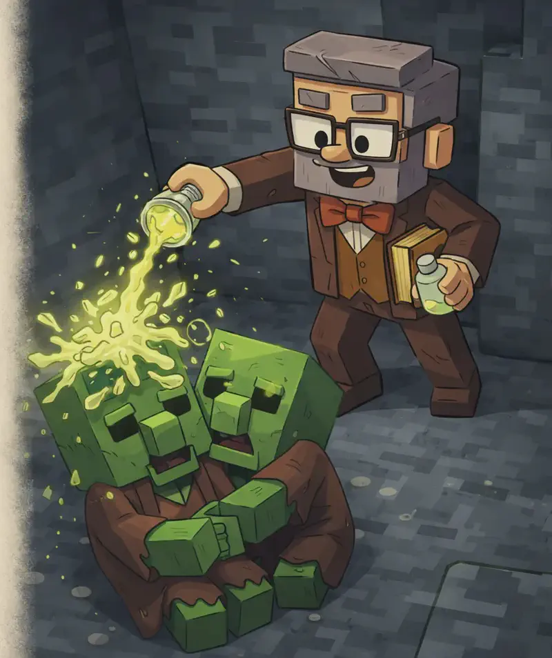 On the right side of the image, Narrator creeps cautiously inside a dark stone cave, viewed from a slightly elevated angle, carrying two small glass bottles of glowing potion cure. Below him, two zombie villagers with green skin, hollow white eyes, and tattered brown villager robes with their oversized noses visible crouch together on the cold stone floor, one slumped against the other. Narrator is in the act of throwing a potion bottle that smashes onto the zombie villagers' large green blocky heads, with the cure splashing everywhere in a bright burst. The cave environment is made of dark gray stone blocks with dim lighting. The left side of the image is reserved for text overlay.