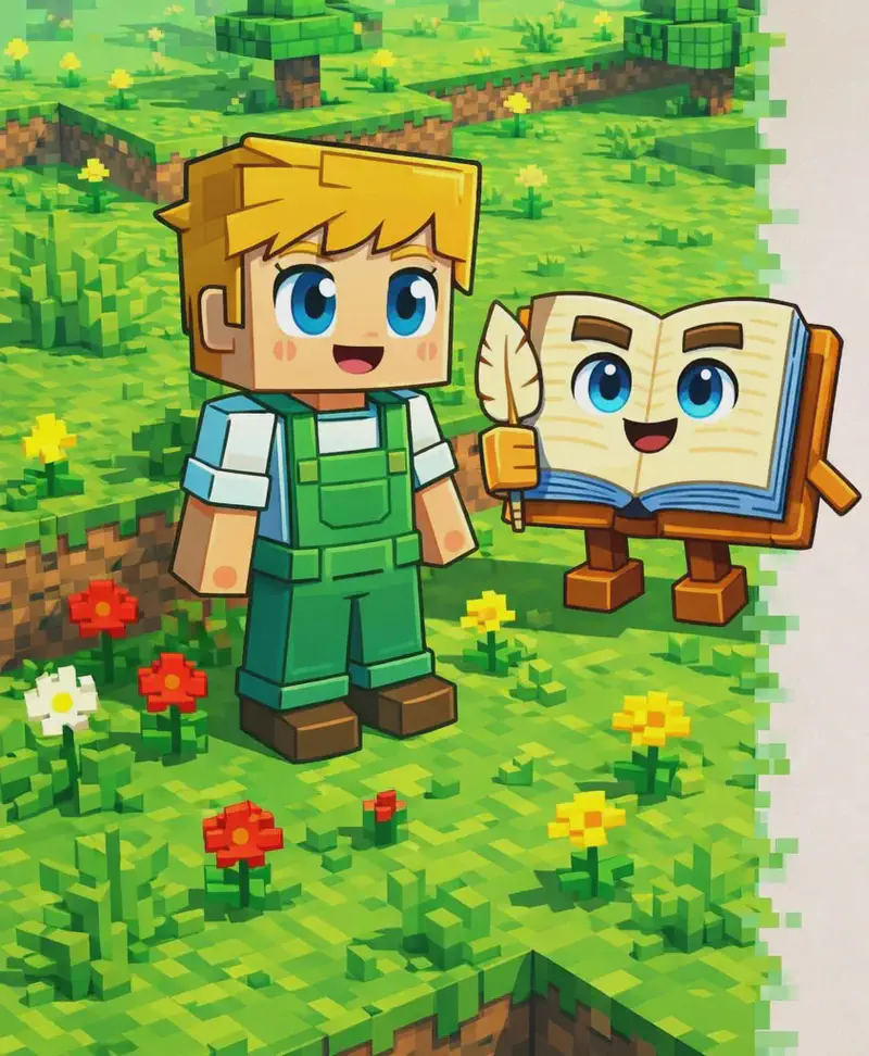On the left side of the image, Ned stands in an outdoor flower field rendered in a Minecraft/voxel style, viewed from a slightly elevated angle. He faces forward with a happy, admiring expression, surrounded by scattered red and yellow flowers growing from the grassy terrain, with white flowers and tall grass patches nearby. The Book floats beside Ned, open pages facing the viewer, looking pleased at the colorful scene. The scene is set in bright daylight with visible shadows cast across the green landscape, and raised grass-block terrain edges frame the background. The right ~40% of the image is plain beige/cream background, clear for text overlay.