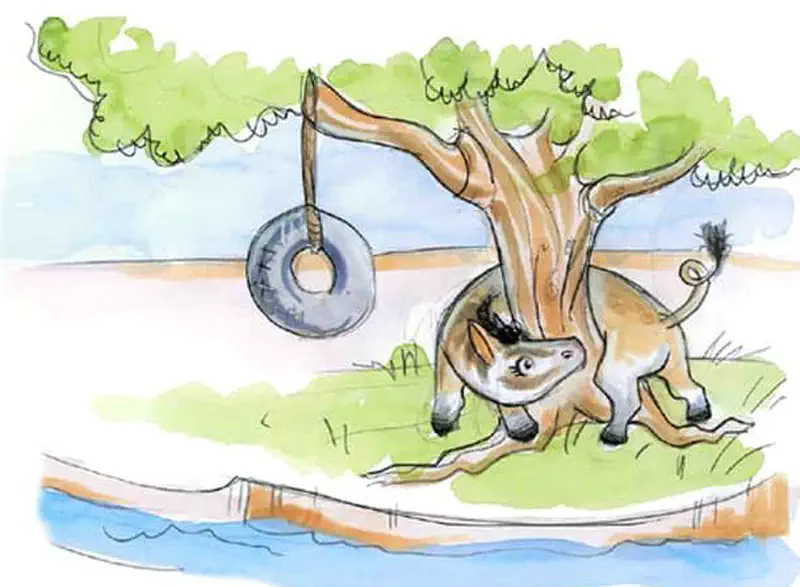 Striped horse creature scratching against tree trunk with tire swing hanging from branch by river.