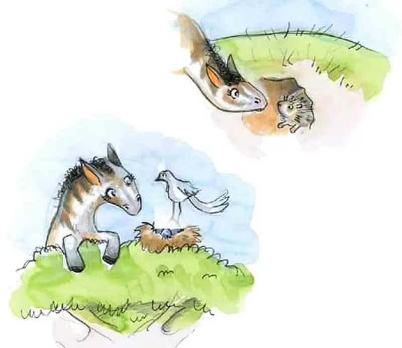 Two panels showing striped horse meeting hedgehog, and talking with birds in grassland.