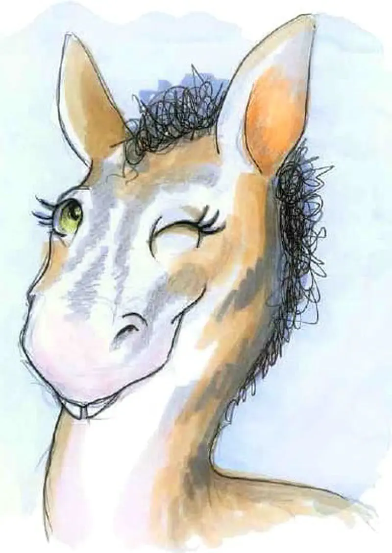 Close-up portrait of striped horse creature with curly mane winking with green eye.