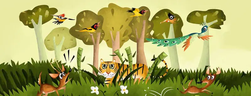 Jungle scene with tiger hiding in bamboo as deer, peacock, and birds gather among trees.