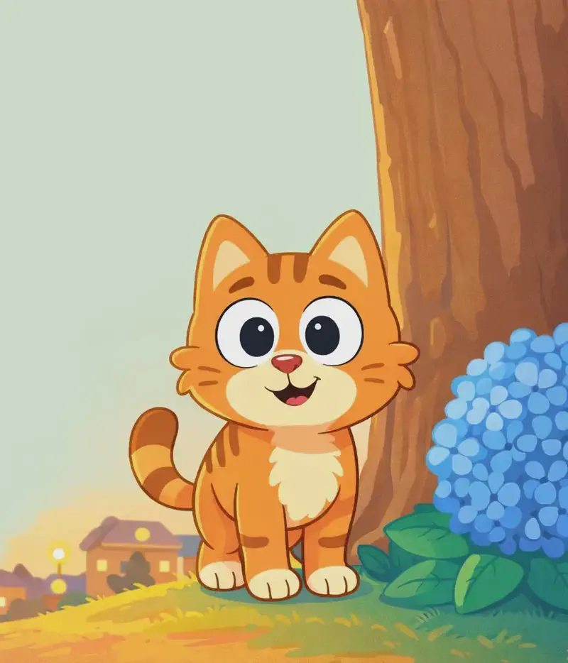Pokey stands on the right side of the image, facing the viewer with a friendly, slightly uncertain smile and wide round eyes, positioned beside a tree trunk and a blue hydrangea bush. Pokey is a small orange tabby kitten with a compact round body, warm orange fur with darker brown tabby stripes on the head, back, and tail, a lighter cream chest and belly, large expressive white eyes with black pupils, a small pink nose, and visible whisker dots on the cheeks. The scene is set outdoors in a suburban neighborhood at dusk, with warm golden and orange tones washing across the ground suggesting the sun is going down, and a soft pale green sky behind. The left side of the image is open plain background.