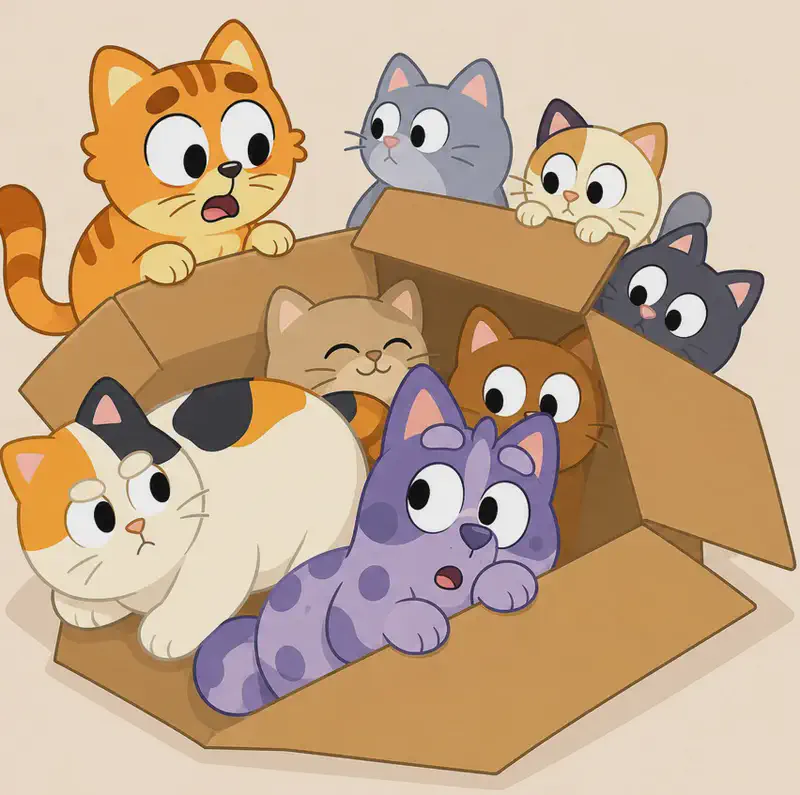 On the left side of the image, a large cardboard box sits on the ground of a suburban street, stuffed full of animals. Calico is lying inside the box with an annoyed, unwelcoming expression — a small chubby calico kitten with predominantly white fur, orange patches on the forehead and left ear, and black patches on the top of the head, with large round black eyes with white highlights. Grey Spot is squeezed in beside Calico looking wide-eyed and startled, paws up against the edge of the box — a small lavender-purple puppy with darker purple-grey spots on the back and head, large wide-set white eyes with black pupils, a small dark nose, and triangular ears with peach-pink inner coloring. Pokey stands just outside the box at the upper left, peering in with a surprised expression at the crowded scene. There are several additional cats crammed into and around the box, including ones perched on the rim and tucked inside. The right ~40% of the image is plain warm beige background.