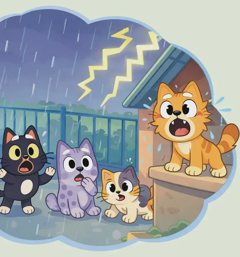 A large cloud-shaped panel fills the left half of the image against a plain pale-green background. Inside the cloud-shaped scene, all four animals appear together in a thunderstorm. On the right side of the cloud, Pokey — an orange tabby cat with a cream chest — stands on a stone ledge beside a small roofed structure, fur damp with raindrops flying off him, yelling with a wide-open mouth and alarmed wide eyes. A bright yellow lightning bolt zigzags across the dark stormy sky above. On the left side of the cloud, three animals huddle in front of a blue metal fence in the pouring rain. Inky stands on the far left with a startled, scared expression and both paws raised — a small black cat with a white chest patch, white head spot, and round yellow eyes. Grey Spot sits nearby looking frightened with one paw raised to its mouth — a small lavender-purple puppy with darker purple-grey spots and large white eyes. Calico crouches low to the ground with a worried open-mouthed expression — a small chubby calico kitten with white, orange, and black patches. Rain streaks down across the whole cloud scene.