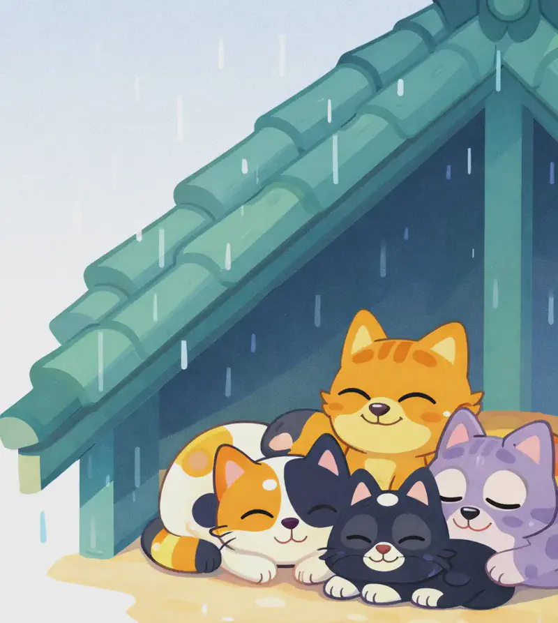 On the right side of the image, four animals are huddled together under the peaked overhang of a rooftop, sheltering from light rain. Inky is lying in front, eyes closed contentedly — a small black cat with a white chest and belly patch, a white spot on top of the head, and large round yellow eyes (now closed). Behind Inky, Calico is curled up sleeping peacefully — a small chubby calico kitten with white, orange, and black patches. Grey Spot is nestled beside them, also relaxed and content — a small lavender-purple puppy with darker purple-grey spots, resting with eyes half-closed. Pokey is curled up at the back of the group with a warm, gentle smile, looking content and thoughtful — a small orange tabby kitten with cream chest and belly. All four are pressed together sharing warmth, their fur mostly dry now. Rain drips down from the teal-green roof tiles around them, but the animals are dry and cozy in their sheltered spot. The left side of the image is open sky with the first hints of clearing weather.