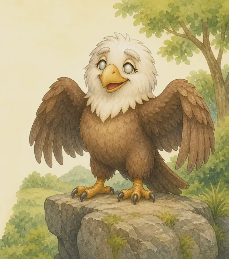 Introduce Guillermina. She is perched on a rocky ledge in the park, trying to look strong — wings slightly raised, head up — but her elderly features are visible: tired posture, slightly droopy wings, cloudy or squinting eyes that suggest near-blindness. Mood: a once-mighty bird now visibly old.