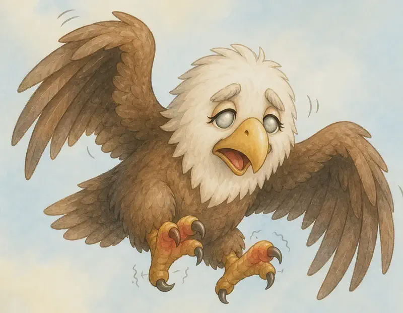 Guillermina flies slowly through the air, wings beating heavily and clumsily. Her face shows a small wince of discomfort — talons curled awkwardly, beak slightly open. She looks lonely in an empty stretch of sky. Mood: slow, achy, slightly lost flight.