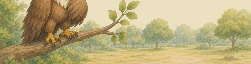 Guillermina perches on a branch looking hungry and tired, holding a wing close to her body. The empty ground below her shows no prey. Her expression is sad and a little weak. Setting: a quiet park tree branch. Mood: lonely hunger.
