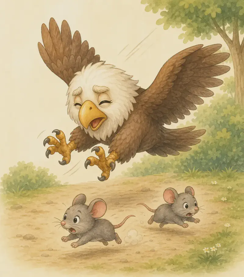 Guillermina swoops down low with talons outstretched but visibly missing one or two small mice that are scurrying away. Her face shows squinting effort, eyes straining to see. The mice dash to the side, easily escaping. Mood: gentle frustration, near-blind effort.