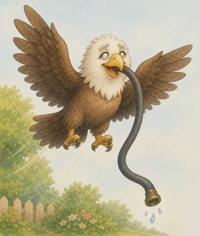 Guillermina rises into the air with what she believes is a long snake clamped in her beak. To the reader, it should be obvious (without saying so) that it is in fact a long, dark garden hose, but Guillermina looks triumphant and hopeful. Mood: hopeful, but the visual hint sets up the gentle misunderstanding.