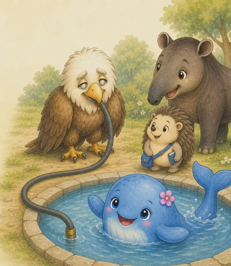The reveal: Guillermina has landed near a small park pool. Berta the whale is just visible in the pool with her great tail and flippers, and one end of the hose runs from the pool to Guillermina's beak. Guillermina looks embarrassed, head lowered. Diana the tapir and Enrique the hedgehog stand close by with kind, sympathetic expressions. Mood: tender realization.