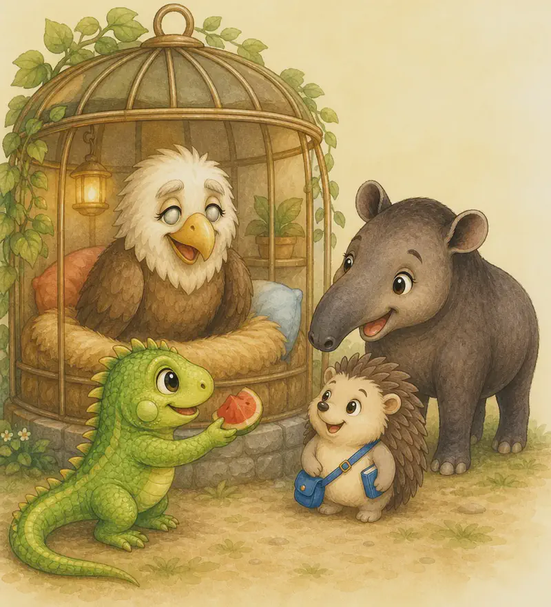 Guillermina is settled inside a comfortable cage with a warm nest of soft material. Diana the tapir and Enrique the hedgehog stand by the cage smiling at her, while Irene the iguana offers a small piece of fruit. Guillermina looks happy and grateful. Mood: warm visitors, restored well-being.