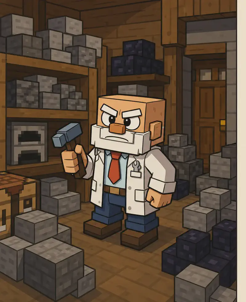 Dr. Can Do stands on the left side of the image at a three-quarter angle facing the viewer, with a displeased, disgusted expression as he makes a face at the mess. He has a cube-shaped head, light beige skin, white bushy eyebrows, a thick white mustache, and small dark eyes. He wears a white lab coat over a white dress shirt with a red necktie, dark brown belt, dark navy-blue pants, and dark brown shoes, and holds a small gray hammer in his right hand. He is inside his workshop, with wooden shelves stacked with piles of stone and deepslate blocks, a furnace, and a wooden door visible behind him. The space appears cluttered with excess stone and deepslate, consistent with him needing more room for his contraptions. The right ~40% of the image is a plain beige text panel.