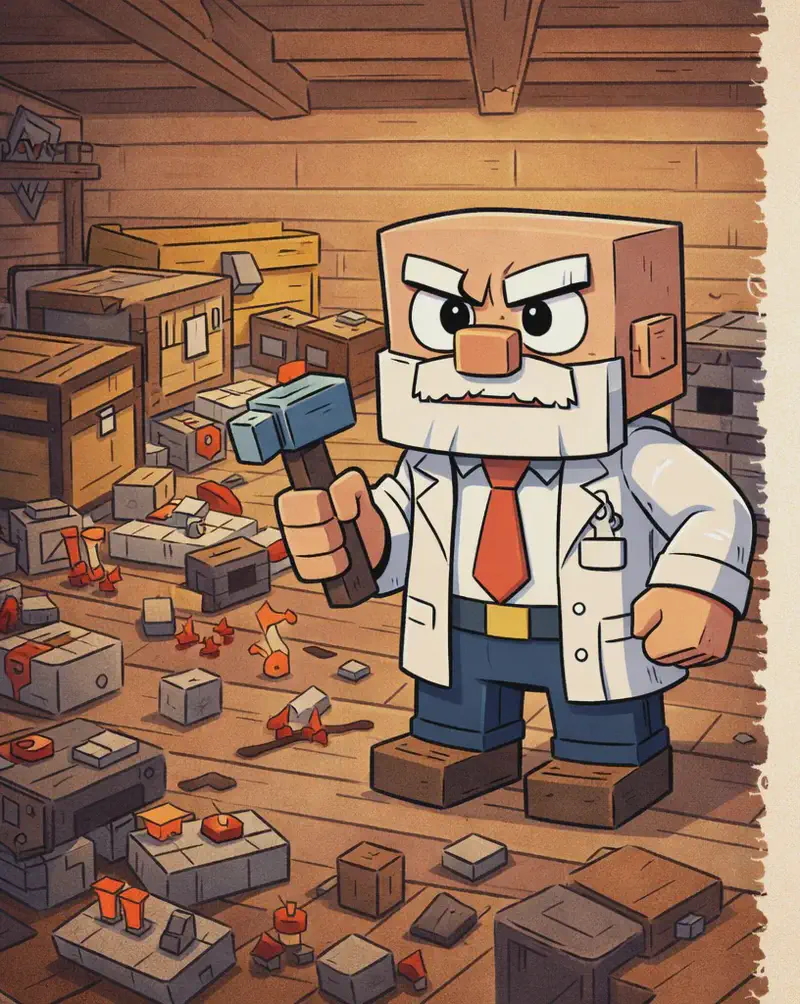 The image shows a Minecraft-style interior view of a cluttered indoor workshop on the left side, with wooden plank floors and a wooden beam ceiling. The room is filled with scattered equipment and objects — crafting tables, chests, redstone components, and various blocks strewn across the floor, conveying a messy, overflowing workspace. Dr. Can Do stands near the center of the room at a three-quarter angle facing the viewer, looking out over the chaos with an angry, determined expression. He has a cube-shaped head, light beige skin, white bushy eyebrows, a thick white mustache, and small dark eyes. He wears a white lab coat over a white dress shirt with a red necktie, dark brown belt, dark navy-blue pants, and dark brown shoes, and holds a small gray hammer in his right hand. The right ~40% is plain beige background reserved for text.