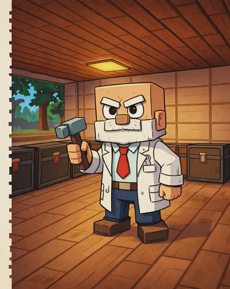 On the right side of the image, Dr. Can Do stands inside a wooden workshop or storage room, facing the viewer with a determined expression. He has a cube-shaped head, light beige skin, white bushy eyebrows, a thick white mustache, and small dark eyes. He wears a white lab coat over a white dress shirt with a red necktie, dark brown belt, dark navy-blue pants, and dark brown shoes, and holds a small gray hammer in his right hand. He is positioned near several large dark chests lined up along the back wall, having just finished sorting his contraptions and redstone into them. The wooden floor is now clear and visible, and the room is lit by overhead lighting with a window or open wall section in the background showing trees and sky outside. The left ~40% is a plain beige text area.