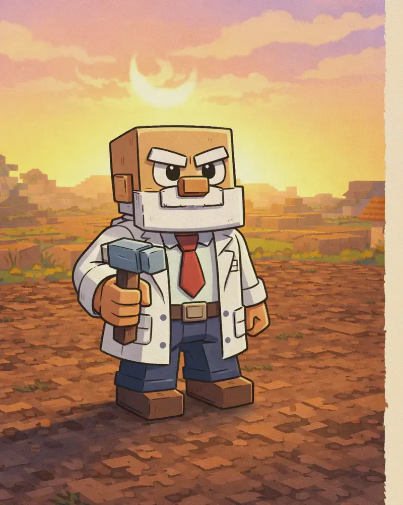 Dr. Can Do stands on the left side of the image on a flat dirt area, facing the viewer at a three-quarter angle with a determined expression as he surveys the ground where he will build the Wool Shop. He is a blocky, Minecraft-inspired character with a cube-shaped head, light beige skin, white bushy eyebrows, a thick white mustache, and small dark eyes. He wears a white lab coat over a white dress shirt with a red necktie, dark brown belt, dark navy-blue pants, and dark brown shoes, and holds a small gray hammer in his right hand. The scene is set outdoors at sunrise, with the sun low on the horizon casting a warm golden-orange glow across a village landscape in the background. The right ~40% of the image is a plain beige text overlay area.