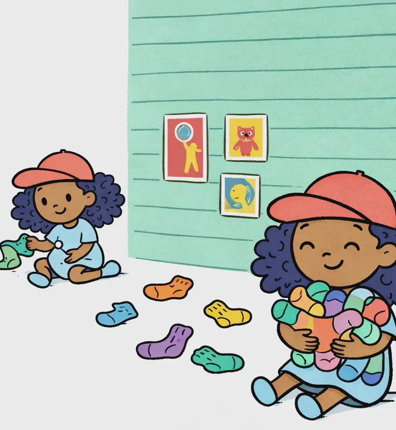 On the right side of the image, Alana is shown twice in an indoor bedroom scene with a teal-green panelled wall decorated with small colourful posters. In the lower right, Alana sits happily with eyes closed and a content smile, hugging a large armful of colourful socks against her chest. In the centre-right background, a smaller version of Alana sits on the floor sorting through socks, looking cheerful and engaged. Several loose socks in various colours (purple, orange, green, blue, yellow) are scattered on the floor between the two poses. The left side of the image is plain white background.