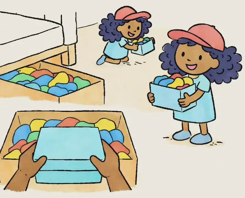 On the left side of the image, Alana is shown twice in a sequential vignette. In the lower-left corner, a close-up shows her hands lifting a smaller box out of a large box filled with colourful socks. In the centre-left, Alana is shown at full figure, standing and smiling proudly while holding the small box of special socks against her chest. Behind her (upper-centre-left), a smaller version of Alana is seen from the side, kneeling and peering into the small box with a happy expression. The scene is set indoors in her bedroom, viewed from above at an angle, with the large sock box partially visible from beneath the bed. The right side of the image is plain white background.