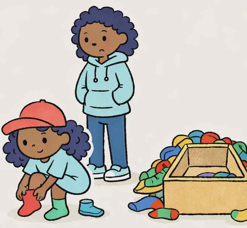 On the right side of the image, Alana is crouching down and pulling on mismatched socks, wearing her coral-red cap, with a determined expression as she gets ready to search. Mum stands behind her looking concerned, watching Alana prepare. Next to them on the far right is an open box overflowing with colourful socks, with an empty gap visible where the missing pair should be.