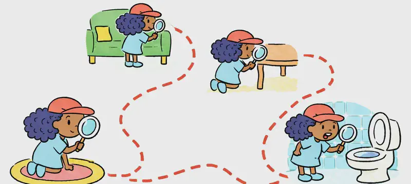 In the lower half of the image, Alana is shown four times in a sequential search montage connected by a red dashed trail line. In the bottom-left, Alana kneels on a round rug holding a magnifying glass with a determined, focused expression. Moving along the trail to the upper-middle-left, Alana stands bent forward peering behind a green couch with her magnifying glass. To the right, Alana crouches and looks under a wooden table with a concentrated expression. Finally, in the bottom-right, Alana stands with a surprised, slightly disgusted expression, holding her magnifying glass and peering into a toilet in a tiled bathroom. The top half of the image is plain white background.
