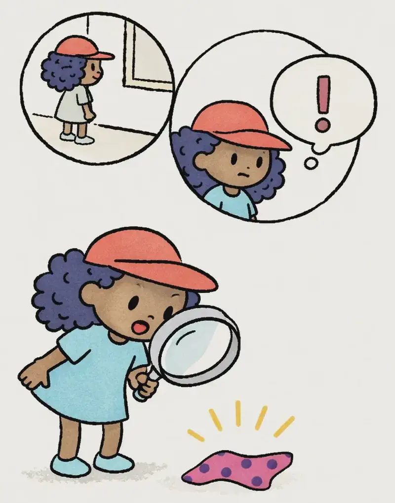 On the left side of the image, Alana is shown in a comic-panel style sequence. In the lower-left, Alana leans forward with a surprised expression, holding a magnifying glass up to her face as she examines a scrap of polka-dotted fabric on the ground below her — the fabric has yellow emphasis lines around it indicating a discovery. In a circular vignette above, Alana stands with a determined, suspicious expression and an exclamation-mark thought bubble, realising the fabric matches her socks. A smaller circular vignette in the upper-left shows Alana searching near a window indoors. The right ~40% of the image is plain white background.