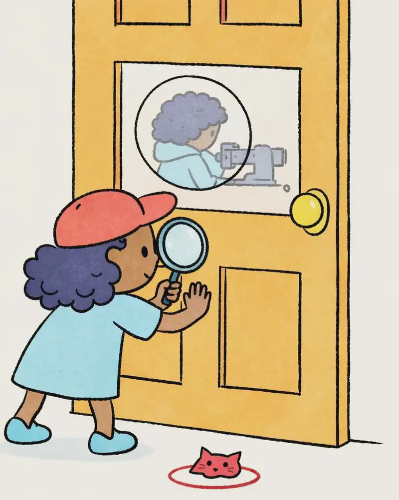 On the right side of the image, Alana stands facing a large wooden door, pressing one hand against it while holding a magnifying glass up to peer through a small circular window in the door. She is leaning forward curiously with her legs in a wide, eager stance, clearly trying to see what Mum is doing inside. Through the small round window, the blurry silhouette of Mum is faintly visible, hunched over her sewing machine. A small pink cat-face object sits on the floor near Alana's feet. The scene is indoors with a plain white background on the left.