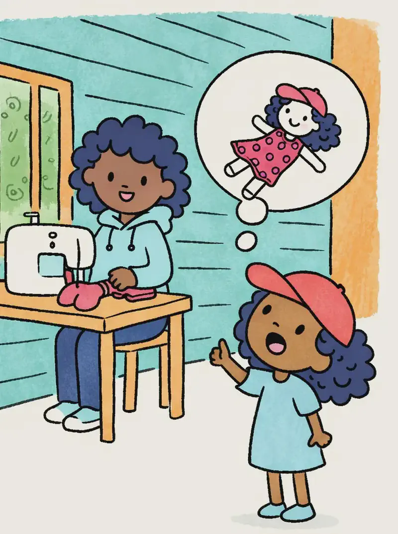 On the left side of the image, Mum sits at a wooden table operating a sewing machine, smiling as she works on transforming the socks. In the lower-left foreground, Alana stands at a three-quarter angle looking up with excitement toward a thought bubble that shows the finished sock doll — a cute ragdoll with curly hair and a polka-dot dress. The scene is set indoors in a cosy room with teal wooden-panelled walls and a window showing greenery outside. The right side of the image is open background with the teal wall and an orange accent panel.