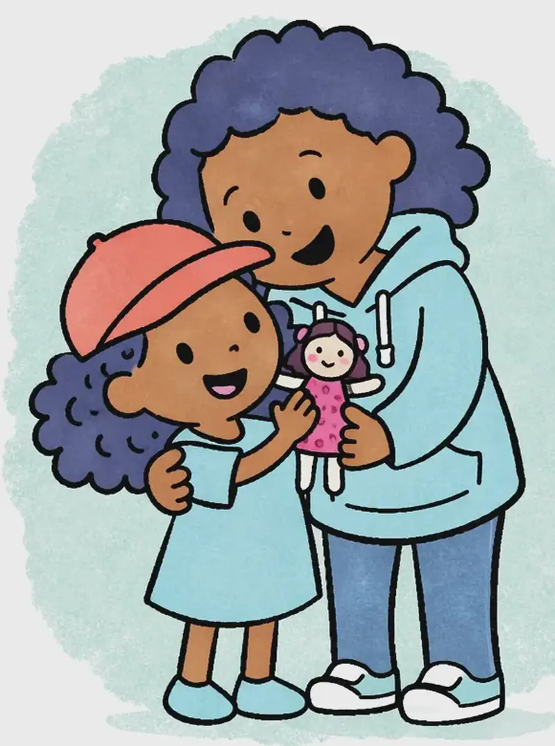On the left side of the image, Mum stands behind Alana, wrapping her in a warm embrace. Both are smiling happily as they look at each other. Alana is holding up a small handmade sock doll with a polka-dot dress, proudly showing it off. The background behind them is a soft teal/turquoise wash, with the right side of the image left as plain white space.