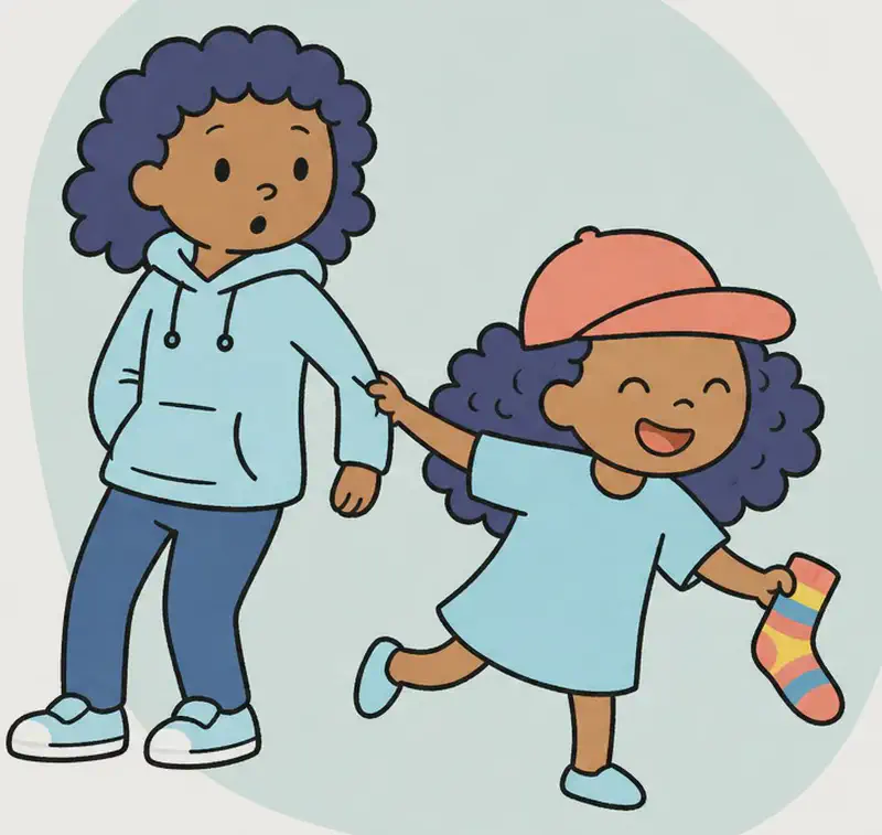 On the right side of the image, Alana is in the foreground, grinning with her eyes closed happily, leaning forward mid-stride and holding a colourful stripy sock in one hand. Behind her, Mum stands slightly further back, looking down at Alana with a mild, slightly surprised expression as Alana tugs her by the arm, pulling her along. The left side of the image is plain white background, while the right side has a soft light blue/teal textured backdrop behind the characters. The scene conveys playful energy as Alana enthusiastically drags Mum through the house on their sock-hunting mission.