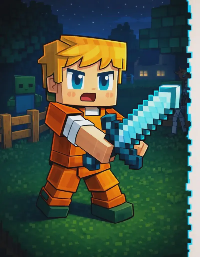 On the left side of the image, Ned stands outdoors at nighttime on a grassy area near a wooden fence, facing forward with a confident, fierce expression. Ned wears orange-dyed leather armor — an orange leather chestplate over his white t-shirt, with orange leather leggings and his dark green shoes — and holds a diamond sword in his right hand, swinging it forward. The scene is set at night with a dark sky, dark trees and foliage in the background, and Ned's farmhouse faintly visible in the distance. Two or three hostile mobs (zombies or skeletons) lurk in the shadows behind him at a distance. The right ~40% of the image is plain light background, clear for text overlay.