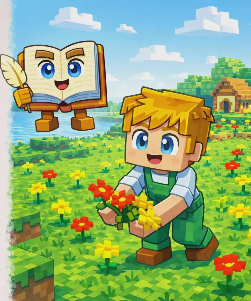 On the right side of the image, Ned stands in a grassy field full of red and yellow flowers, facing slightly toward the viewer with a happy expression. Ned wears a white short-sleeved t-shirt under green overalls. He is bending down and reaching toward the flowers, picking some red ones and yellow ones with both hands. The Book floats in the air nearby to Ned's left, open and upright with its face visible on the pages, holding its tan quill pen. The scene is set outdoors on a bright, sunny day with a blue sky, green trees along the horizon, and Ned's farmhouse visible in the background. The left side of the image is plain light background, clear for text overlay.
