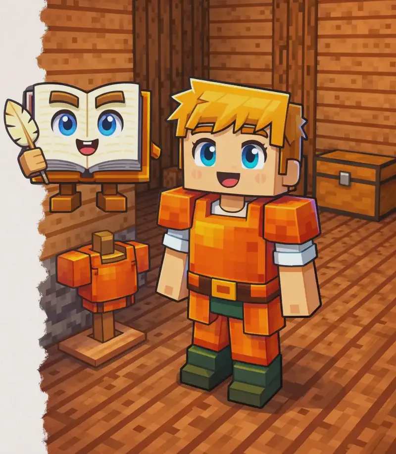 On the right side of the image, Ned stands inside a cozy indoor room with wooden plank walls, facing forward with a proud, cheerful expression. Ned wears orange-dyed leather armor — an orange leather chestplate over his white t-shirt, with orange leather leggings and his dark green shoes — looking pleased with his new color. The Book floats nearby against the wall, open and upright with its face visible on the pages, looking proud. A chest is visible in the upper right corner of the room. An armor stand with the freshly dyed orange armor piece is visible nearby. The left side of the image is plain light background, clear for text overlay.