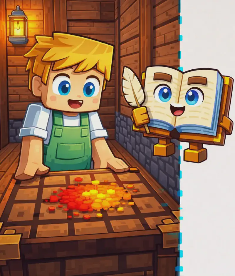 On the left side of the image, Ned stands inside a wooden cabin, facing forward and looking down at a crafting table with an excited, amazed expression. Ned wears a white short-sleeved t-shirt under green overalls. On the table in front of him are two small piles of dye — one red and one yellow — being pushed together, with a warm orange color spreading where they mix. The Book floats nearby to Ned's right, open and upright with its face visible on the pages, watching the mixing. The indoor setting is warmly lit, with wooden plank walls and a torch glowing on the wall. The right ~40% of the image is plain light background, clear for text overlay.