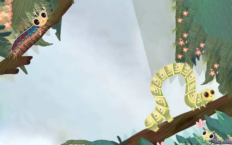 Three different caterpillars on tree branches - spiky blue one, looping green one, and tiny yellow one.