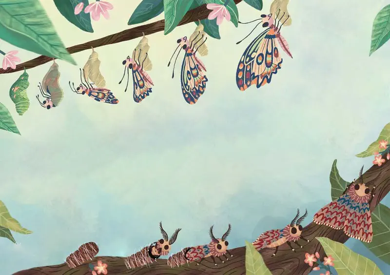 Butterflies emerging from chrysalises on branch above, caterpillars crawling on branch below with flowers.