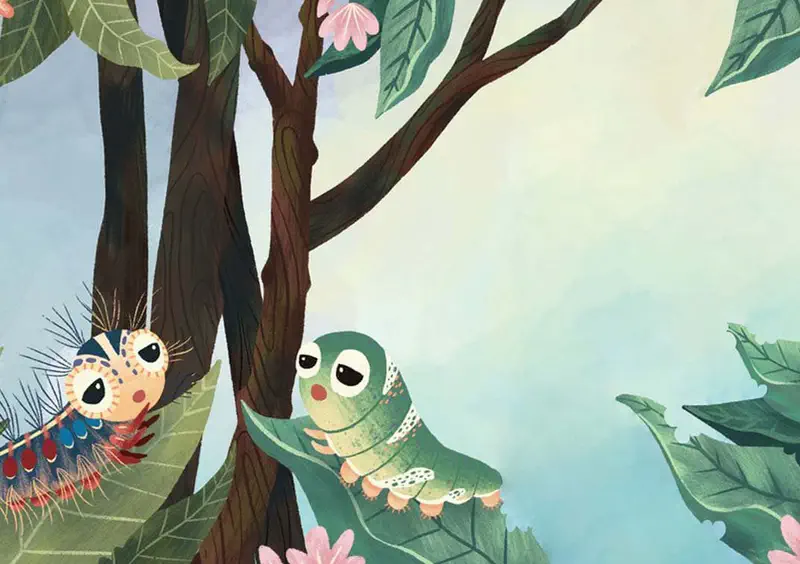 Spiky blue caterpillar looking at sad green caterpillar on leaf among tree branches.