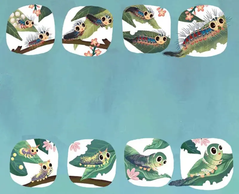 Eight panels showing different caterpillar friends in various poses on leaves and branches.
