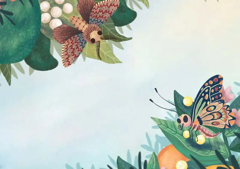 Brown patterned moth on leaves above looking at colorful butterfly resting on flowers below.