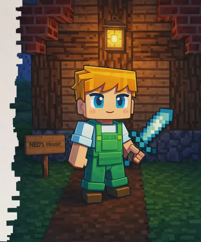 On the right side of the image, Ned stands in front of a wooden house with a stone foundation, rendered in a Minecraft-style blocky art style. Ned is facing the viewer with a determined expression, holding a diamond-shaped sword in one hand. A wooden sign reading "Ned's House" stands beside him, and a warm glowing lantern lights the doorway above. The scene is set outdoors at dusk with dim lighting, grass underfoot, and the left ~40% of the image is plain light background reserved for text.
